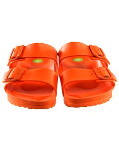 BIRKENSTOCK ORANGE SANDALS *THIS ITEM IS GENTLY USED WITH MINOR SIGNS OF WEAR (MINOR CREASING AND WEAR) *VGU SIZE CHILD 5