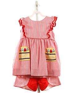 SMOCKINGBIRD  RED SEERSUCKER STRIPED APPLIQUED 2-PIECE OUTFIT WITH RIC RAC