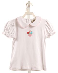 LUIGI  WHITE  FLORAL EMBROIDERED KNIT SS SHIRT WITH PICOT STITCHING