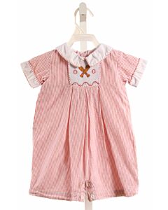 LITTLE ENGLISH  RED SEERSUCKER STRIPED SMOCKED SHORTALL