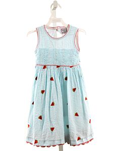 COTTON KIDS  AQUA SEERSUCKER STRIPED EMBROIDERED DRESS