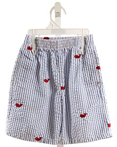 KELLY'S KIDS  BLUE SEERSUCKER STRIPED EMBROIDERED SHORTS