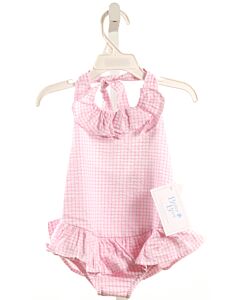 BAILEY BOYS  PINK SEERSUCKER WINDOWPANE  1-PIECE SWIMSUIT WITH RUFFLE
