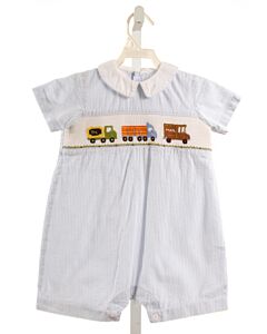 VIVE LA FETE  LT BLUE SEERSUCKER STRIPED SMOCKED SHORTALL