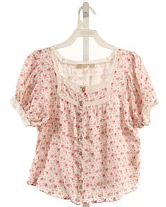 LOVESHACKFANCY  HOT PINK  FLORAL  SHIRT-SS WITH LACE TRIM