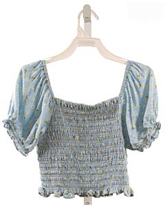 CECE GIRLS  LT BLUE  FLORAL SMOCKED SHIRT-SS