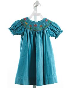 ANAVINI  AQUA CORDUROY FLORAL SMOCKED DRESS