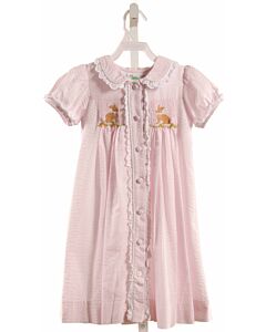 SHRIMP & GRITS  LT PINK SEERSUCKER STRIPED SMOCKED DRESS WITH EYELET TRIM