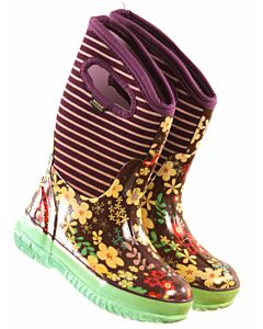 BOGS PURPLE BOOTS FLORAL DESIGN *THIS ITEM IS GENTLY USED WITH MINOR SIGNS OF WEAR (MINOR STAINING ON THE PURPLE OF THE BOOTS) *VGU SIZE TODDLER 13