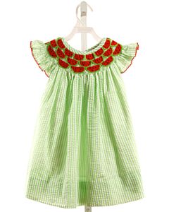 POPPY KIDS CO.  LIME GREEN SEERSUCKER STRIPED SMOCKED DRESS WITH PICOT STITCHING