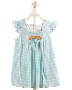 SHRIMP & GRITS  AQUA  GINGHAM SMOCKED KNIT DRESS WITH PICOT STITCHING