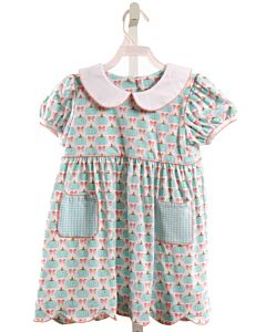 SHRIMP & GRITS  AQUA  PRINT  KNIT DRESS WITH PICOT STITCHING