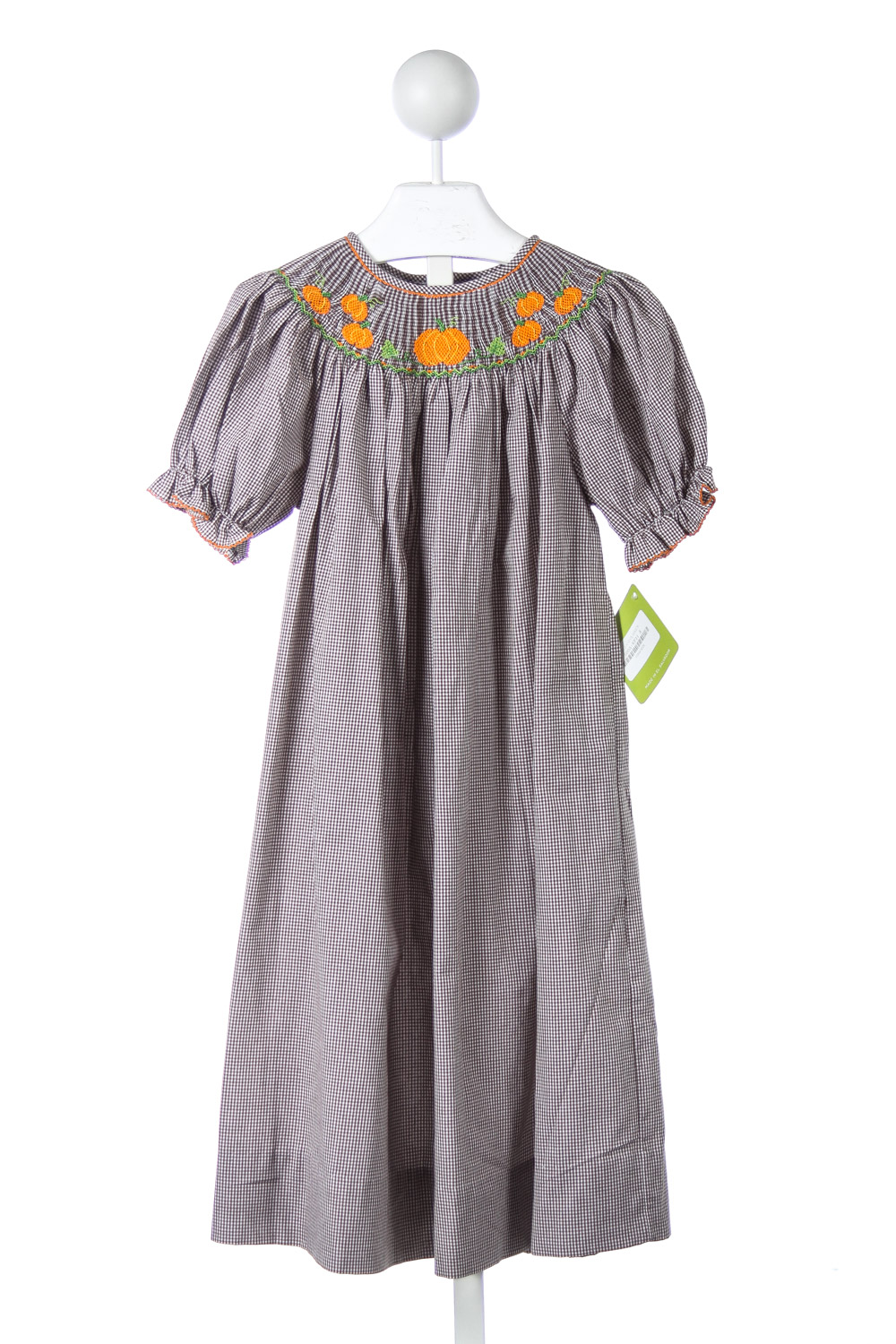 VELANI CLASSICS BROWN GINGHAM SMOCKED PUMPKINS DRESS