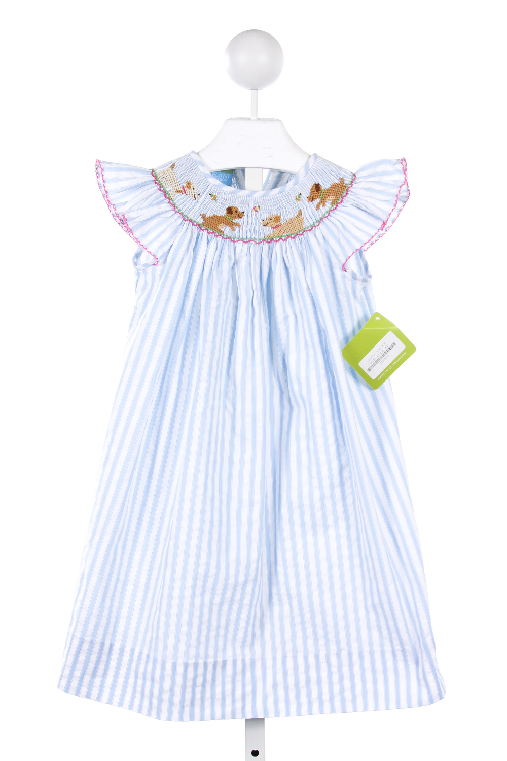 VELANI CLASSICS BLUE SEERSUCKER DRESS WITH SMOCKED PUPPIES AND PINK PICOT TRIM